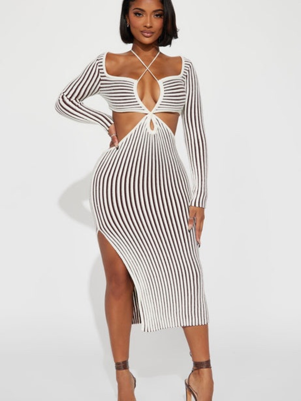 Fashion Nova White and Black Striped Cutout Midi Dress